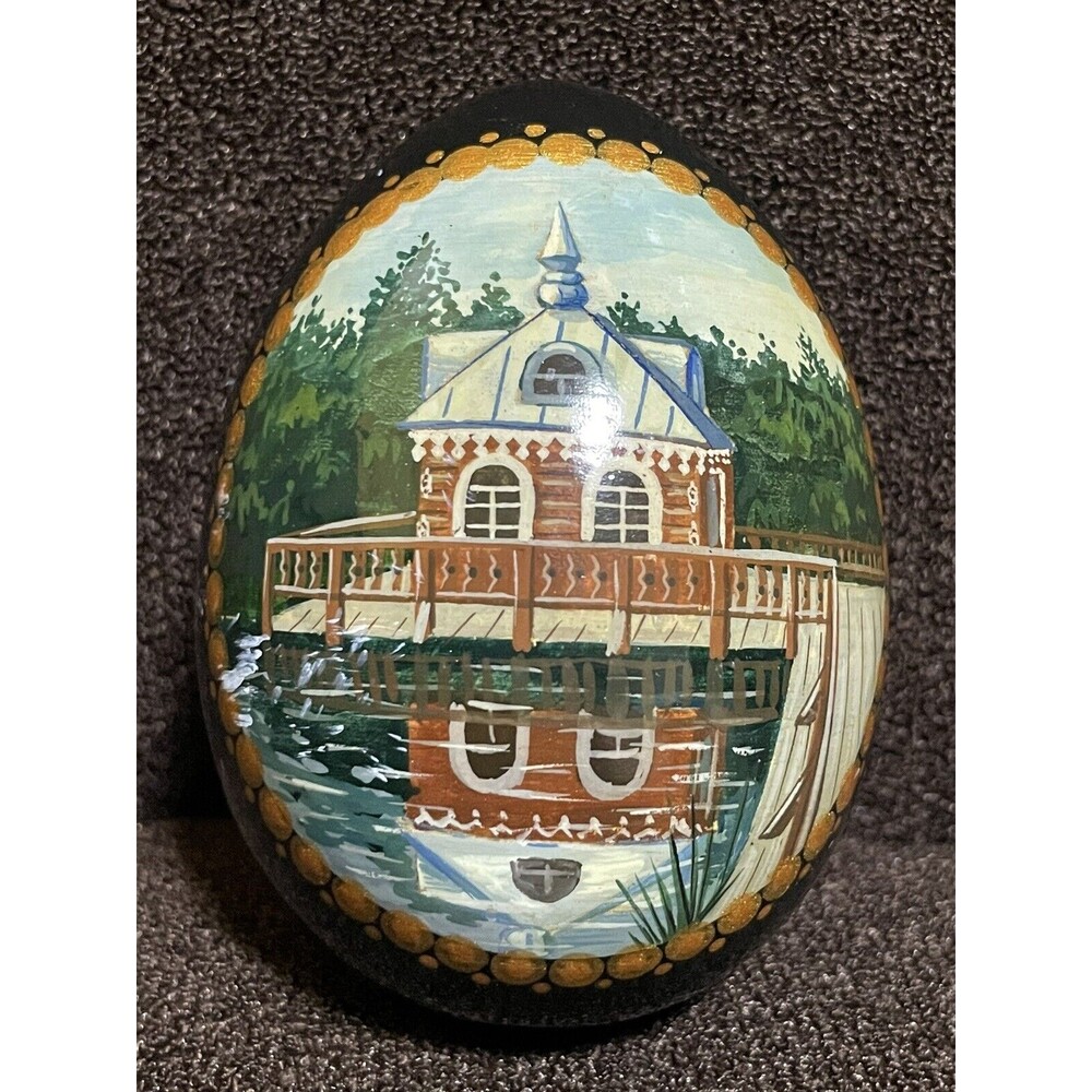 Russian Egg Hand painted Log Cabin On Lake Water